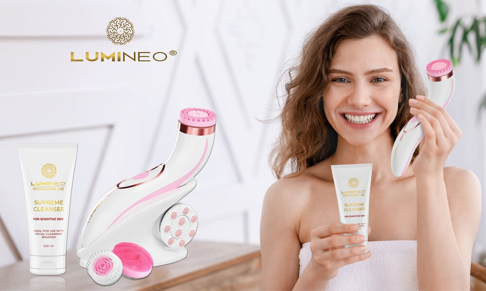 Szczoteczka soniczna do mycia twarzy LUMINEO 8688 Pro Różowy + Żel do skóry delikatnej i wrażliwej 100 ml kv początek opisu