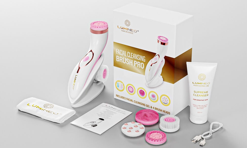 Szczoteczka soniczna do mycia twarzy LUMINEO 8688 Pro Różowy + Żel do skóry delikatnej i wrażliwej 100 ml bogaty zestaw, koniec opisu