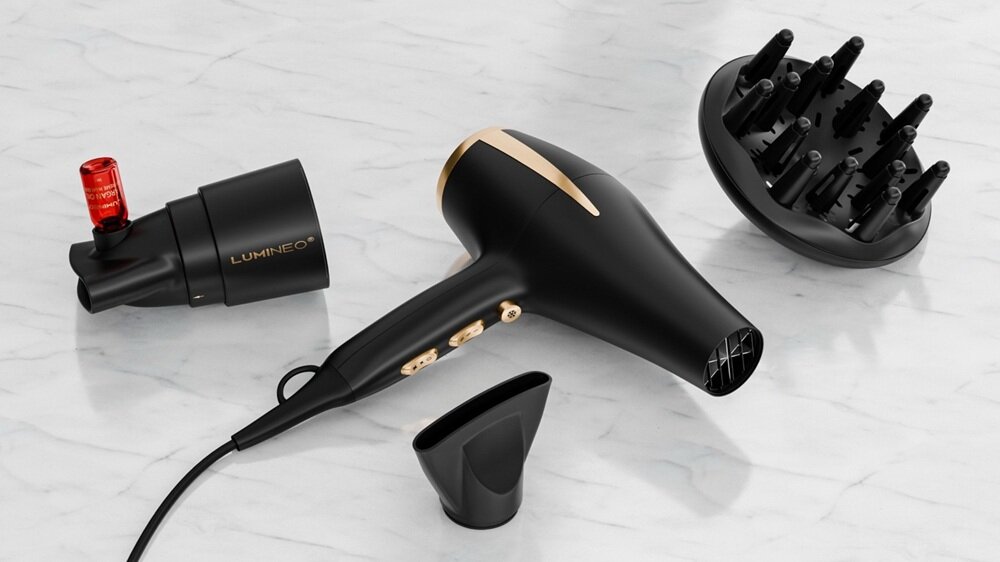 Suszarka LUMINEO HD100BI + Zestaw serum 3 x 20 ml bogaty zestaw, 3 końcówki do włosów, dyfuzor do nakładania serum, dyfuzor objętościowy, koncentrator do wygładzania włosów