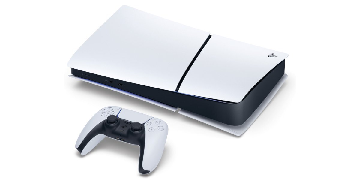 Konsola SONY PlayStation 5 Digital Slim Edition i kontroler DualSense na białym tle.