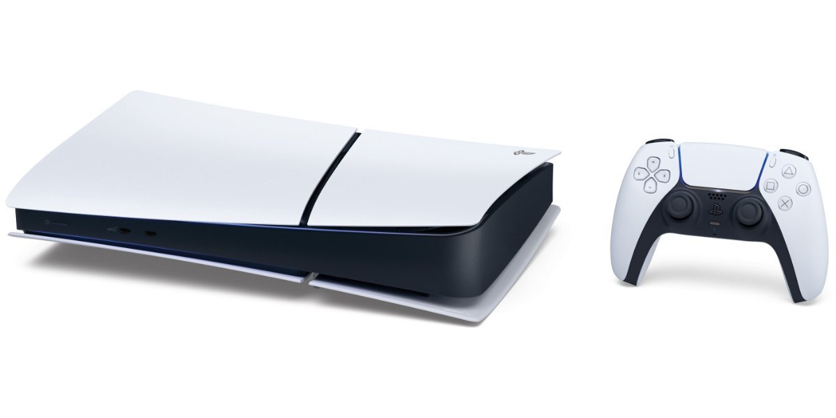 Konsola SONY PlayStation 5 Digital Slim Edition i kontroler DualSense na białym tle.