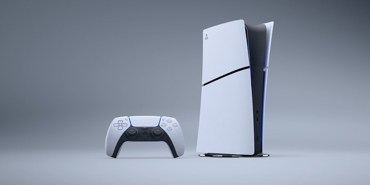 Konsola SONY PlayStation 5 Digital Slim Edition i kontroler DualSense na szarym tle.