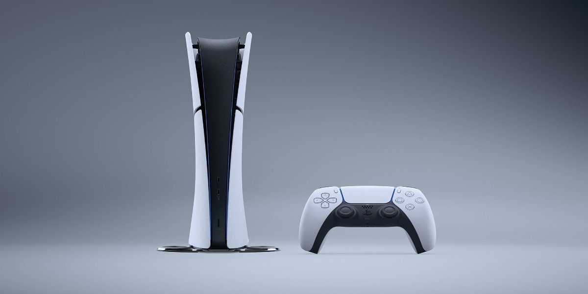 Konsola SONY PlayStation 5 Digital Slim Edition i kontroler DualSense na szarym tle.