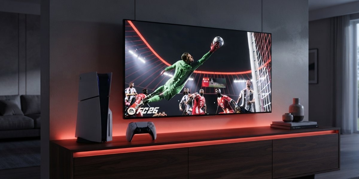 Konsola SONY PlayStation 5 Digital Slim Edition i kontroler DualSense na półce obok telewizora wyświetlającego grę FC26.