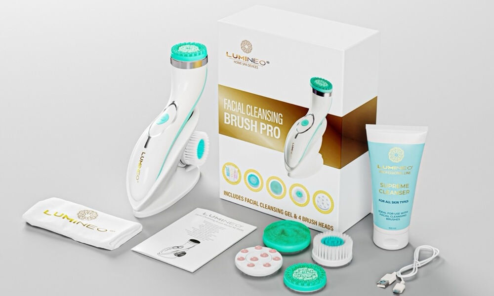 Szczoteczka soniczna do mycia twarzy LUMINEO 8688 Pro Turkusowy + Żel do wszystkich rodzajów skóry 100 ml bogaty zestaw akcesorii, koniec opisu