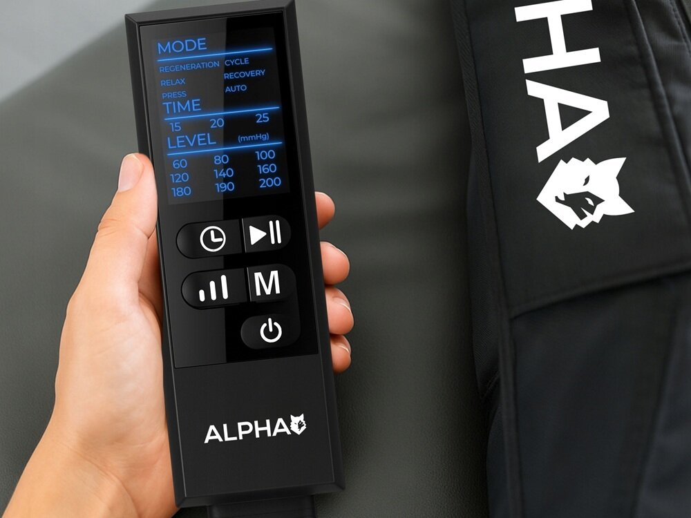 Masażer Limfatyczny do nóg ALPHA AMP-06 czytelny pilot, szybkie ustawienie tryby czasu i poziomu nacisku, zapamiętywanie ostatnich ustawień