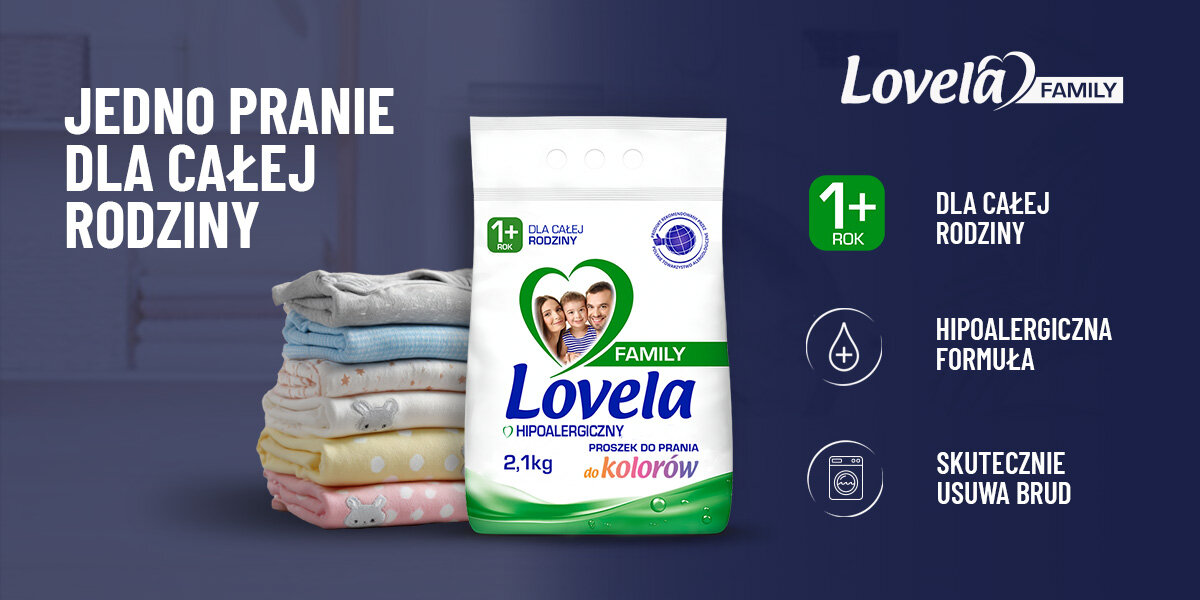 Zestaw produktów do prania WOOLITE Pomocnik w praniu Grafika promocyjna proszku Lovela Family. Hasło: JEDNO PRANIE DLA CAŁEJ RODZINY. Obok opakowania ze zdjęciem rodziny i logiem 1+ Rok widoczne są ikony symbolizujące: hipoalergiczną formułę i skuteczne usuwanie brudu. Obok stos złożonych ubranek dziecięcych.