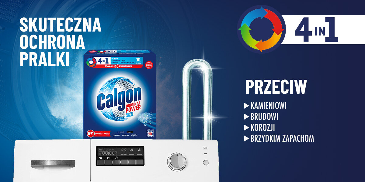 Zestaw produktów do prania WOOLITE Pomocnik w praniu Grafika promocyjna proszku Calgon 4w1 Original Power na pralce. Napis SKUTECZNA OCHRONA PRALKI i PRZECIW: Kamieniowi, Brudowi, Korozji, Brzydkim zapachom. Ilustracja przedstawia spiralę grzałki zabezpieczoną przed zniszczeniem.