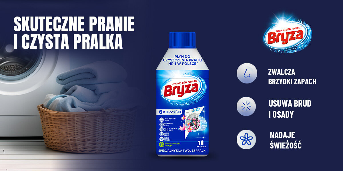 Zestaw produktów do prania WOOLITE Pomocnik w praniu Grafika promująca płyn do czyszczenia pralki Bryza. Hasło: SKUTECZNE PRANIE I CZYSTA PRALKA. Płyn stoi przed pralką z koszem na pranie. Ikony symbolizują: zwalczanie brzydkich zapachów, usuwanie brudu i osadów oraz nadawanie świeżości.