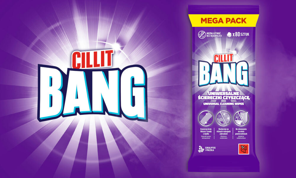 Chusteczki CILLIT BANG Uniwersalne Opakowanie uniwersalnych ściereczek czyszczących Cillit Bang 36 sztuk o zapachu eukaliptusa i paczuli na fioletowym, promieniującym tle.