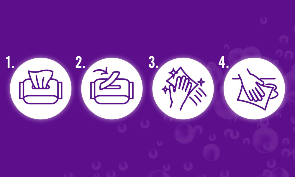 Chusteczki CILLIT BANG Uniwersalne Instrukcja użycia ściereczek Cillit Bang w 4 krokach: otwarcie opakowania, wyjęcie ściereczki, szczelne zamknięcie naklejki i przecieranie brudnej powierzchni.