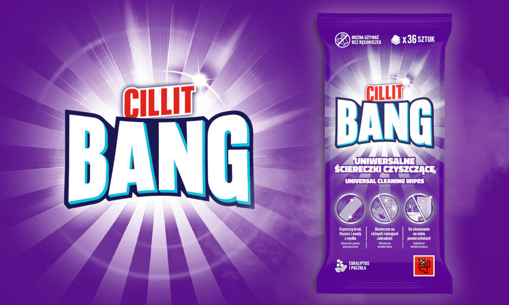 Chusteczki CILLIT BANG Uniwersalne Opakowanie uniwersalnych ściereczek czyszczących Cillit Bang 36 sztuk o zapachu eukaliptusa i paczuli na fioletowym, promieniującym tle.