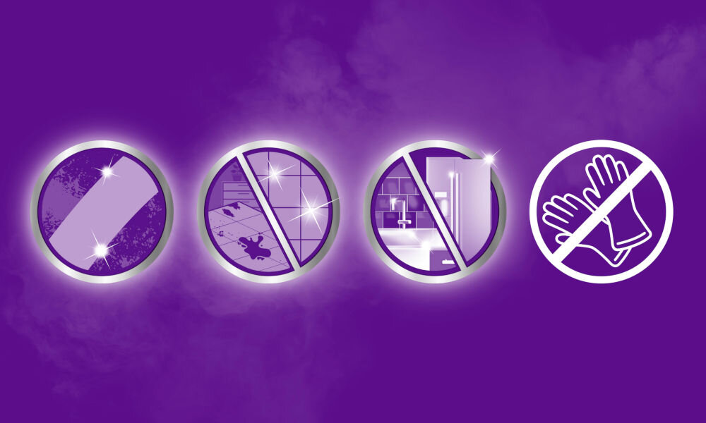 Chusteczki CILLIT BANG Uniwersalne Cztery ikony prezentujące zalety ściereczek Cillit Bang: czyszczenie brudu i osadów, skuteczność na różnych zabrudzeniach, stosowanie na wielu powierzchniach oraz możliwość używania bez rękawiczek.