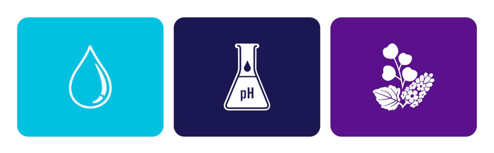 Chusteczki CILLIT BANG Uniwersalne Trzy kolorowe panele z symbolami: kropla wody symbolizująca nawilżenie, kolba z napisem pH oznaczająca neutralny odczyn oraz grafika roślin eukaliptusa i paczuli.