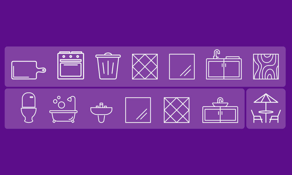 Chusteczki CILLIT BANG Uniwersalne Piktogramy powierzchni, do których przeznaczone są ściereczki, m.in.: kuchenka, zlew, płytki, lustro, toaleta, wanna i meble ogrodowe.