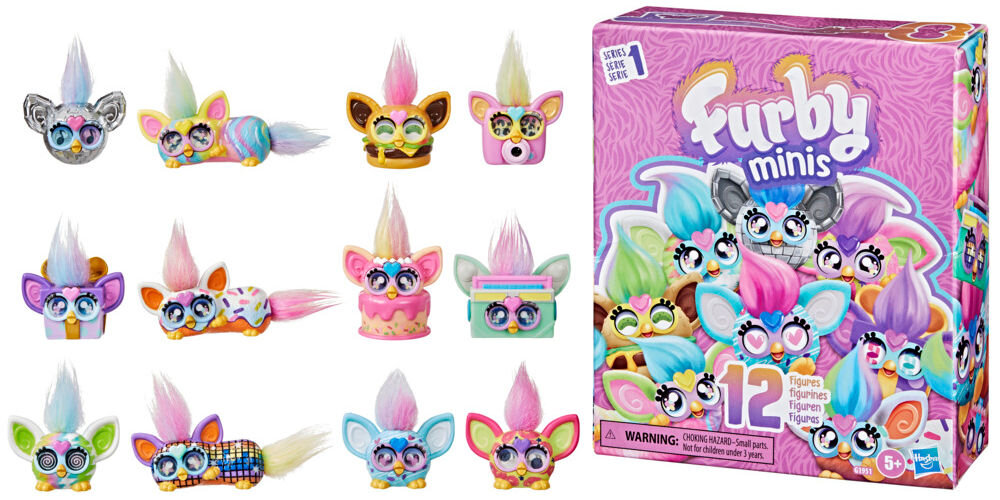 Zestaw figurek HASBRO Furby Minis G19515L0 Zdjęcie katalogowe prezentujące dwanaście różnych figurek Furby Minis o jaskrawych kolorach, różnorodnych wzorach i puszystych czubkach oraz ich fioletowe opakowanie zbiorcze z logiem serii i informacją o liczbie figurek.