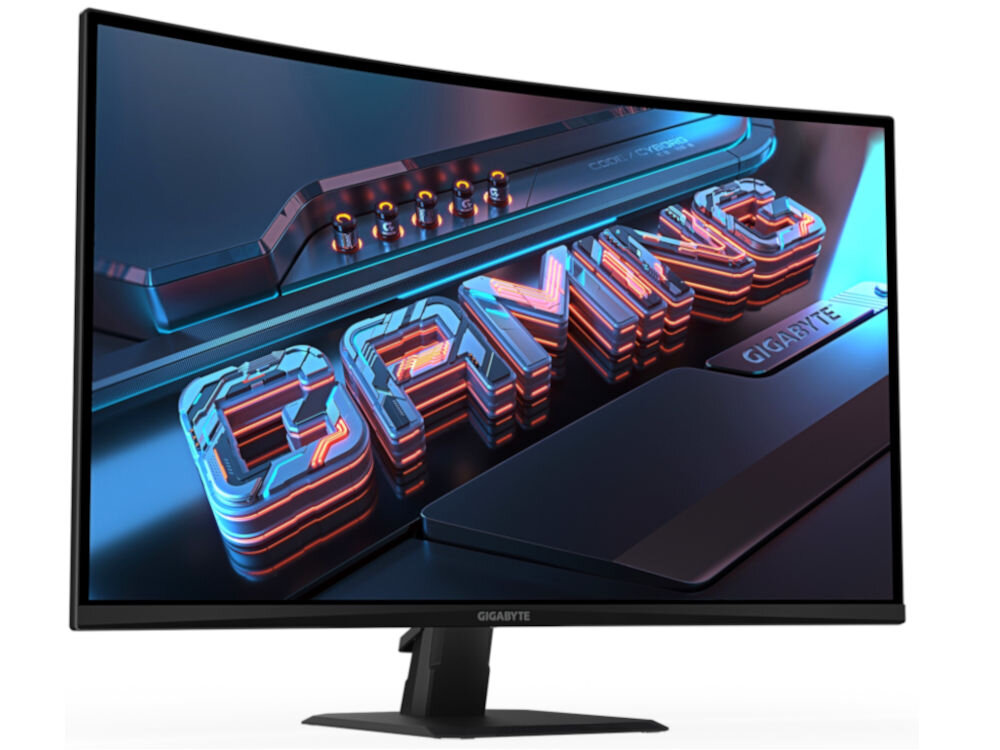 Monitor GIGABYTE GS32QCA 31.5 cala 2560x1440px 180Hz 1 ms [MPRT] Curved prezentacja monitora na białym tle od przodu pod kątem krzywizna 1500R przekątna 31,5 cala spójny odbiór obrazu ułatwia skupienie wzmacnia wrażenie zanurzenia