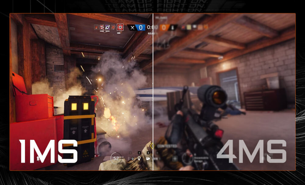 Monitor GIGABYTE GS32QCA 31.5 cala 2560x1440px 180Hz 1 ms [MPRT] Curved prezentacja monitora na ekranie porównanie czasu reakcji 1 ms i 4 ms gra strzelanka wyświetlanie dynamicznych scen z wyraźnym obrazem czytelność