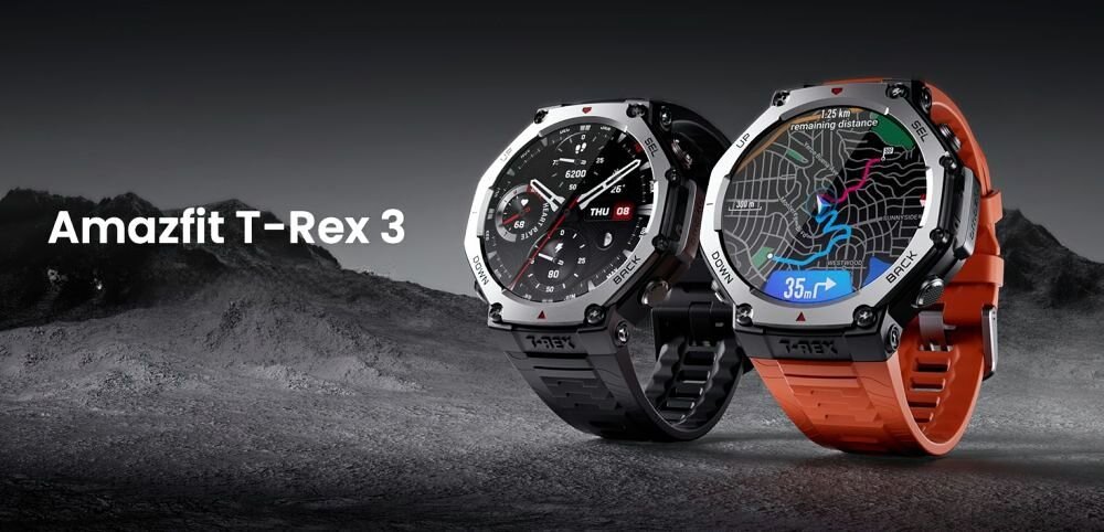 Smartwatch AMAZFIT T-Rex 3 Onyx Czarny ekran bateria aparat procesor ram pamięć pojemność rozdzielczość zdjęcia filmy opis dane cechy blokady system łączność wifi bluetooth obudowa szkło odporność porty muzyka transfer sieć przekątna matryca waga czujniki oled amoled ipse