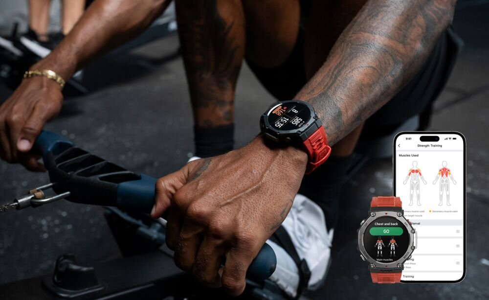 Smartwatch AMAZFIT T-Rex 3 Onyx Czarny funkcje zdrowie sport powtorzenia zestawy postepy tlen krew stres jakosc sen