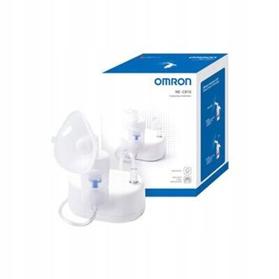 Na obrazie znajduje się inhalator z maską oraz pudełko z napisem \'Omron NE-C810\'.