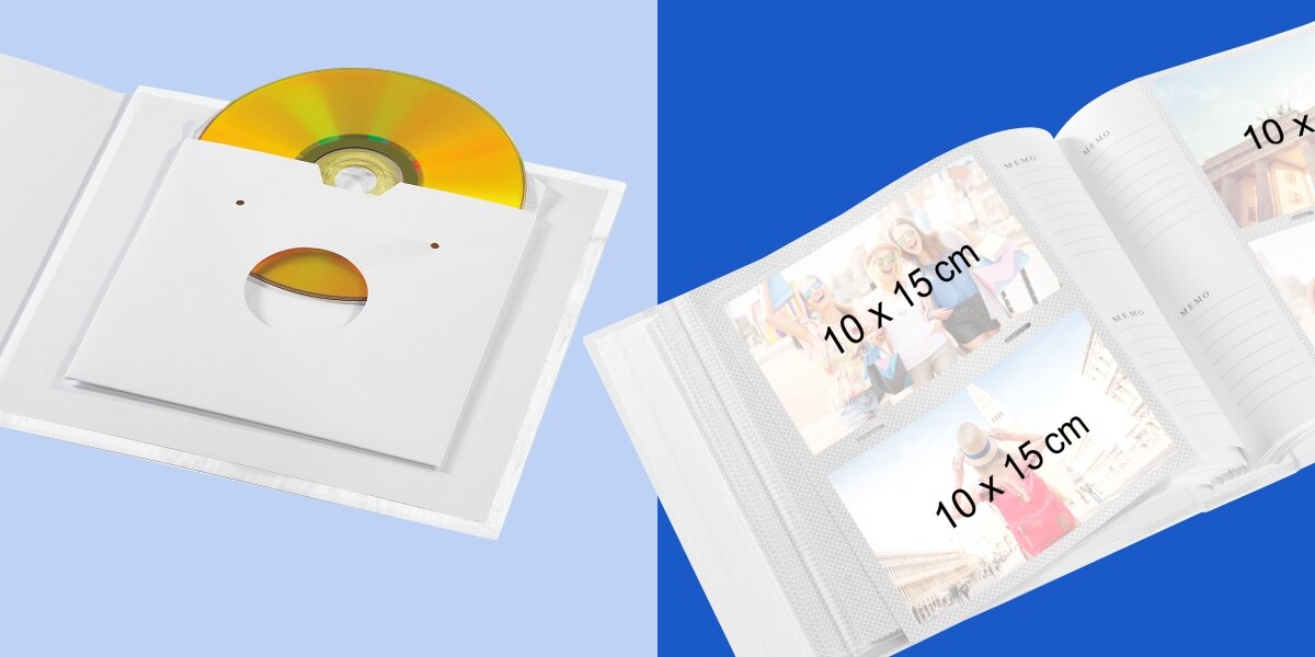 Ochrona Twoich fotografii Dwa detale albumu kieszeniowego na zdjęcia. Po lewej biała kieszeń wewnętrzna na płytę CD lub DVD. Po prawej, otwarta strona z miejscem na cztery zdjęcia 10×15 cm oraz sekcją Memo do opisów.