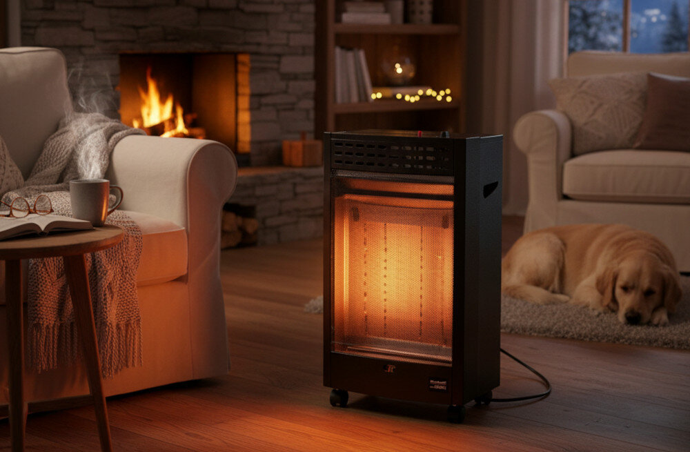 Piecyk gazowy EINHELL BFO 4200/1 zdjęcie lifestyle Moc 4,2 kW Dwa poziomy grzania powierzchnia chrzania zabezpieczenie przed niedoborem tlenu termoelektryczny bezpiecznik zapłonu