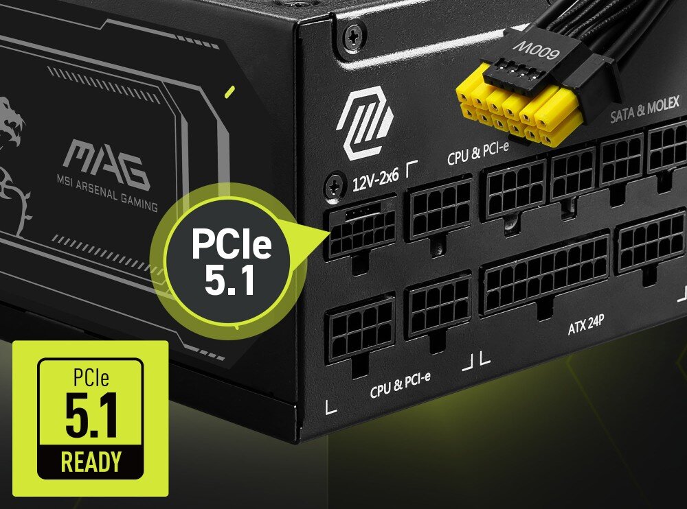 Zasilacz MSI MAG A1000GL PCIE5 II 1000W 80 Plus Gold Zbliżenie na panel złączy z podłączonym kablem PCIe w żółtym kolorze, po lewej oznaczenie 'PCIe 5.1 Ready', modularne okablowanie, przewody