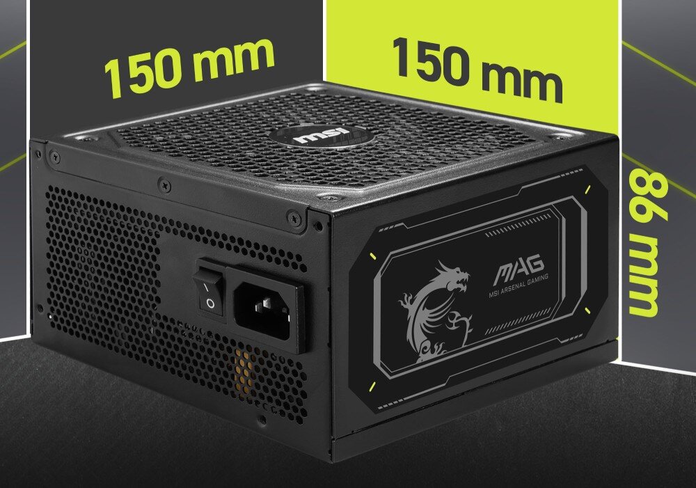 Zasilacz MSI MAG A1000GL PCIE5 II 1000W 80 Plus Gold Zasilacz pokazany pod kątem z wymiarami 150 mm na szerokość i długość oraz 86 mm na wysokość, wymiary, obudowa