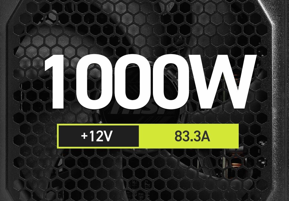 Zasilacz MSI MAG A1000GL PCIE5 II 1000W 80 Plus Gold Siatkowany panel wentylacyjny z dużym napisem 1000W i oznaczeniem linii +12V 83.3A, konstrukcja, zasilanie, zabezpieczenia
