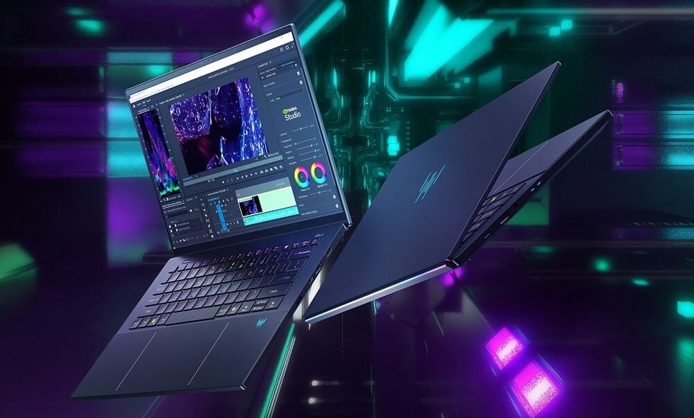  Dwa laptopy PREDATOR Triton w grafitowej aluminiowej obudowie z edytorem wideo na ekranach, tło z fioletowymi i zielonymi efektami neonowymi light trails, laptop na pierwszym planie z paletami kolorów RGB, smukły design premium dla profesjonalistów - Obudowa z obrabianego CNC aluminium  