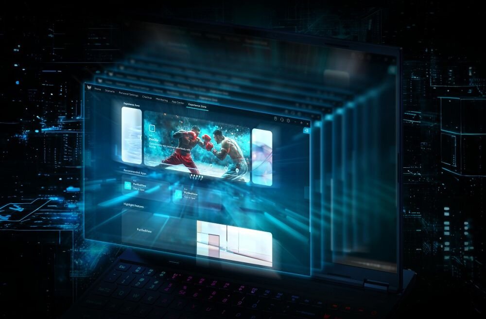  Interfejs Predator Sense wyświetlony na przezroczystym ekranie z hologramem walki bokserów w tle, futurystyczny niebiesko-cyjanowy interfejs z menu Home Search Performance Profiles App Center Electronic Shop, minimalistyczny design z kafelkami Recommended Apps i Performance Stats, platforma gamingowa z AI - Aplikacja PredatorSense  