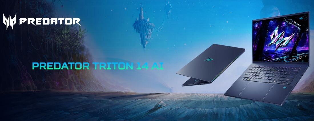   Laptop gamingowy PREDATOR Triton 14 AI w grafitowej obudowie unoszący się nad futurystycznym krajobrazem z latającym zamkiem w chmurach, zimowa sceneria fantasy z niebieskim oświetleniem, logo PREDATOR po lewej, klawiatura podświetlana, dla graczy AAA      