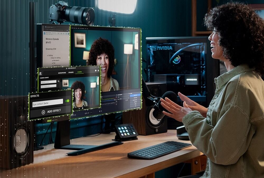   Kobieta pracująca przy stanowisku z monitorem wyświetlającym interfejs edycji wideo, zielone ramki zaznaczenia na warstwach, aparat Canon na górze, komputer z logo NVIDIA za monitorem, projekty Morocco Episode, studio twórcy treści z drewnianym biurkiem - NVIDIA GeForce RTX 