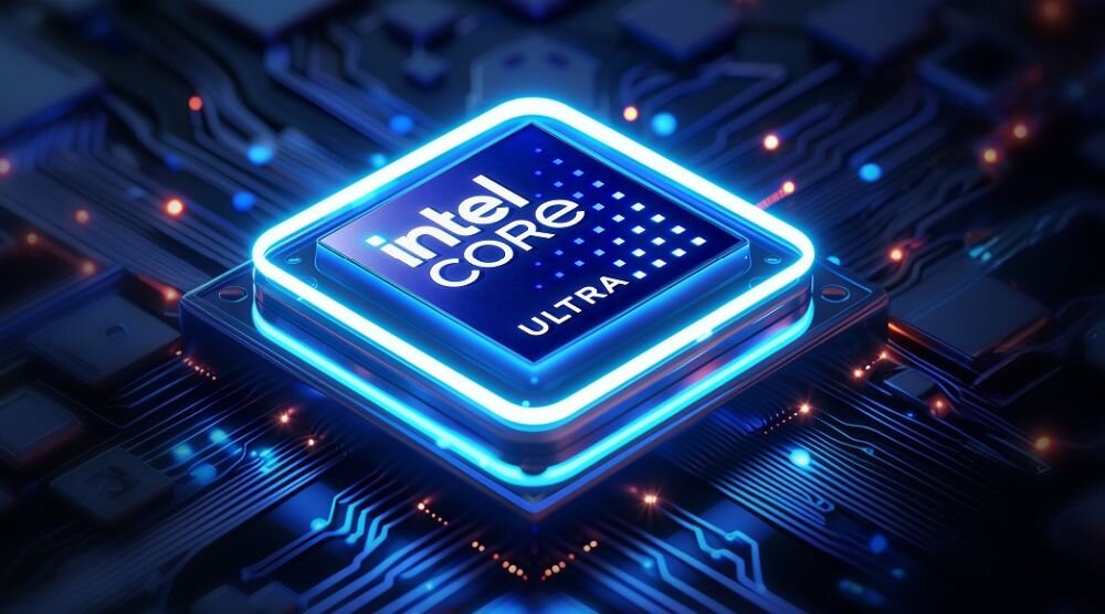  Procesor Intel Core Ultra z niebieskim neonowym oświetleniem na płycie głównej, ścieżki PCB w kolorze niebieskim i pomarańczowym, architektura chipset dla laptopów AI z wysoką wydajnością dla graczy i twórców treści - Intel Core Ultra, Jednostka NPU RAM LPDDR5X
