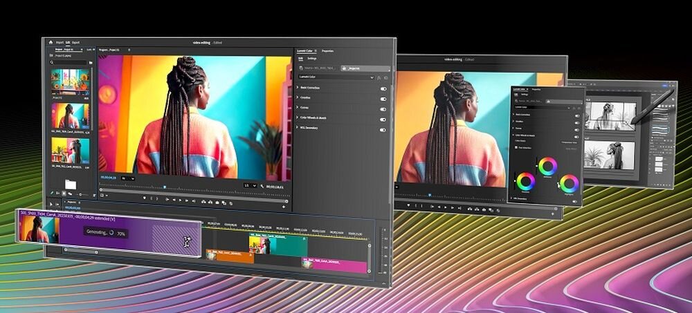  Interfejs programów kreatywnych z edycją wideo i grafiki na kolorowym tle w pastelowych fal, Adobe Premiere Pro z timelineem na dole, Photoshop po prawej z paletami kolorów, obróbka materiału z modelką w kolorowym swetrze, rozwiązanie NVIDIA Studio dla twórców - NVIDIA Studio  