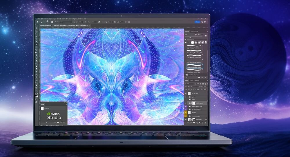  Laptop PREDATOR Triton z ekranem OLED wyświetlającym cyfrową grafikę fantasy w kolorach różowym, niebieskim i fioletowym, symetryczny futurystyczny art kosmiczny, tło z galaktykami i gwiazdami, niebieski gradient na biurku, logo NVIDIA Studio w interfejsie, idealny dla projektantów graficznych - Ekran 14,5 cala o rozdzielczości 2880 × 1800 pikseli 