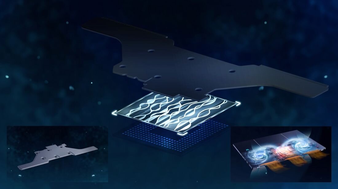  Schemat 3D budowy systemu chłodzenia laptopa PREDATOR Triton z metalową płytą na niebieskim tle, kanały wektorowe w kształcie białych fal, płyta podstawowa w kropki, inserty w rogach, zaawansowane chłodzenie dla gamingowych laptopów AI - System chłodzenia, wentylatory AeroBlade 3D Grafenowa pasta termiczna 