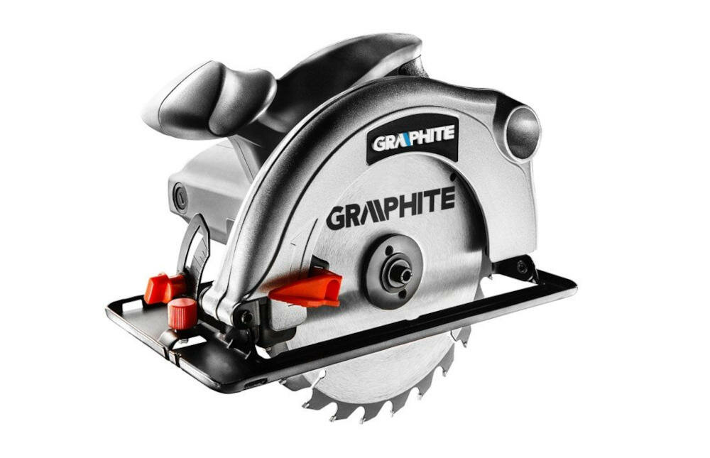 GRAPHITE-58G488 urządzenie pilarka tarczowa silnik obroty cięcie regulacja kąt podziałka tarcza tnąca blokada wrzeciono aluminium