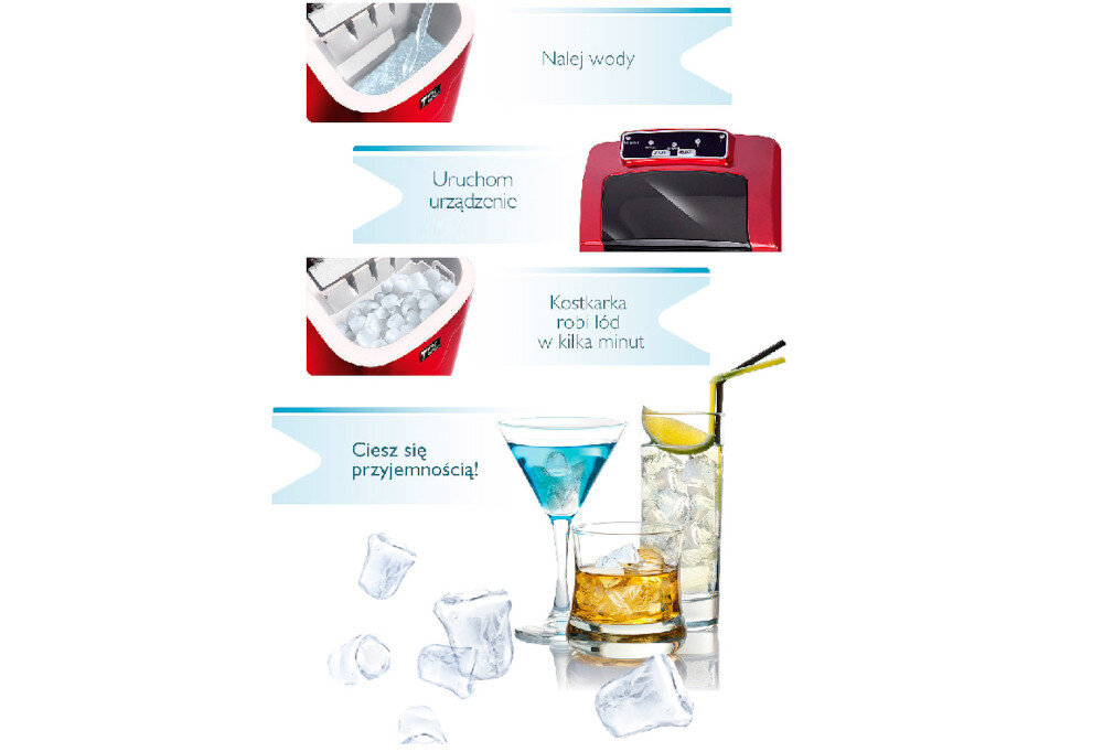 Obraz przedstawia kostkarkę do lodu z trzema etapami działania: \'Nalej wody\', \'Uruchom urządzenie\', \'Kostkarka robi lód w kilka minut\'. Na dole widoczne są szklanki z napojami i kostkami lodu oraz napis \'Ciesz się przyjemnością!\'.