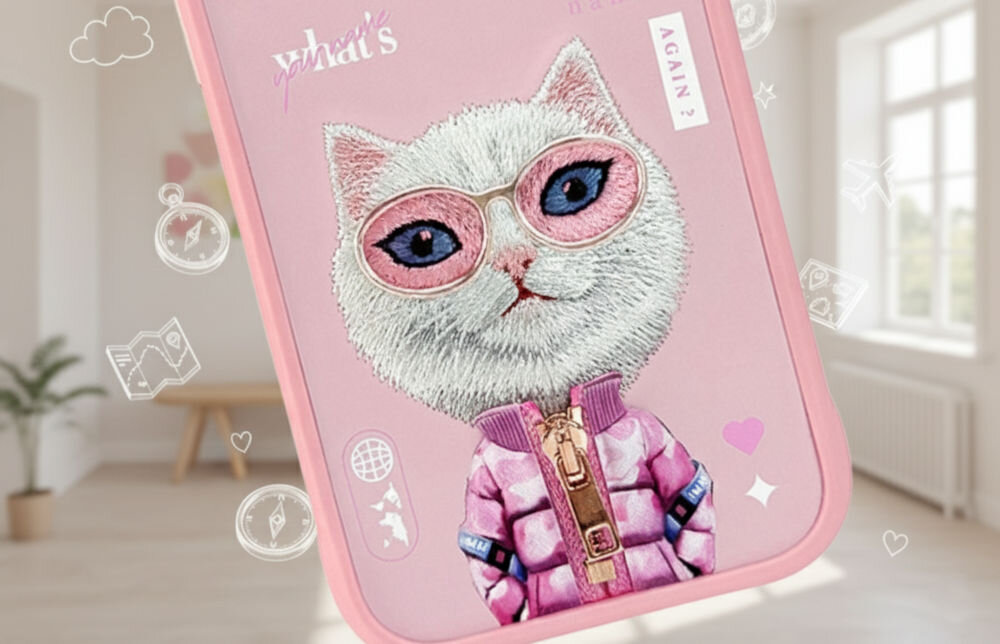 Etui NIMMY Cool&Cute 2.0 Cat do Apple iPhone 17 Pro Max Różowy
                prezentacja etui w tle jasny pokój lewitujące ikony podróżnicze