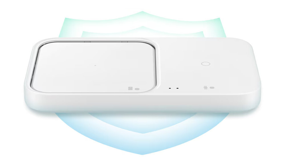 SAMSUNG Duo EP-P5400 Ładowarka 15 W urządzenia Galaxy wysoką temperaturą, wilgotnością nadmiernym nagrzewaniem automatycznie wykrywa obiekty zakłócające ładowanie pełną kompatybilność z urządzeniami Galaxy - ładowarka na białym tle