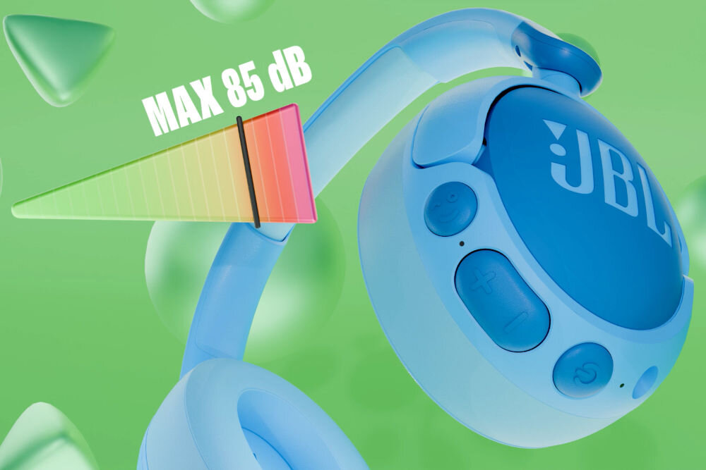 Słuchawki nauszne JBL Junior 470NC ANC wizualizacja maksymalnego poziomu dźwięku do 85 dB ochrona słuchu przetworniki dynamiczne 32 mm