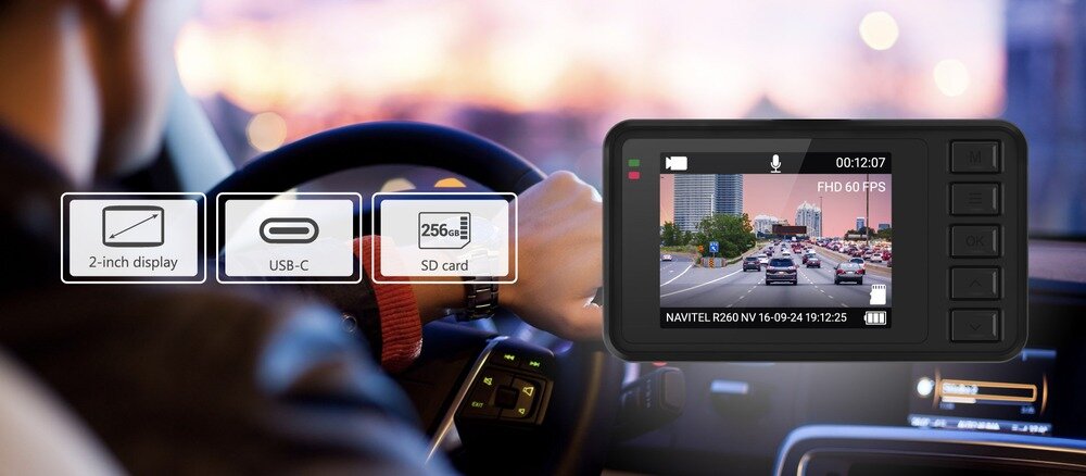 Wideorejestrator NAVITEL R260 NV   samochodzie z ikonami funkcji  