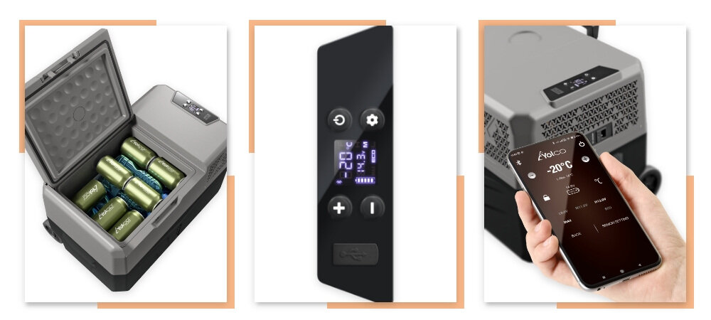 Lodowka YOLCO BX30 Szary Panel sterowania z czytelnym ekranem nadajnik Bluetooth 5.0 aplikacja Yolco zalety polkrywa antyposlizgowa