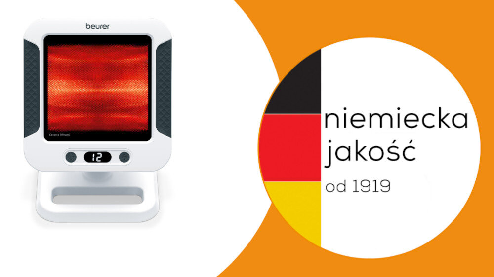 Obraz przedstawia promiennik podczerwieni z wyświetlaczem pokazującym liczbę 12, z logo \'beurer\' na górze. Obok znajduje się okrągły element z napisami \'niemiecka jakość od 1919\' oraz kolorami flagi Niemiec.