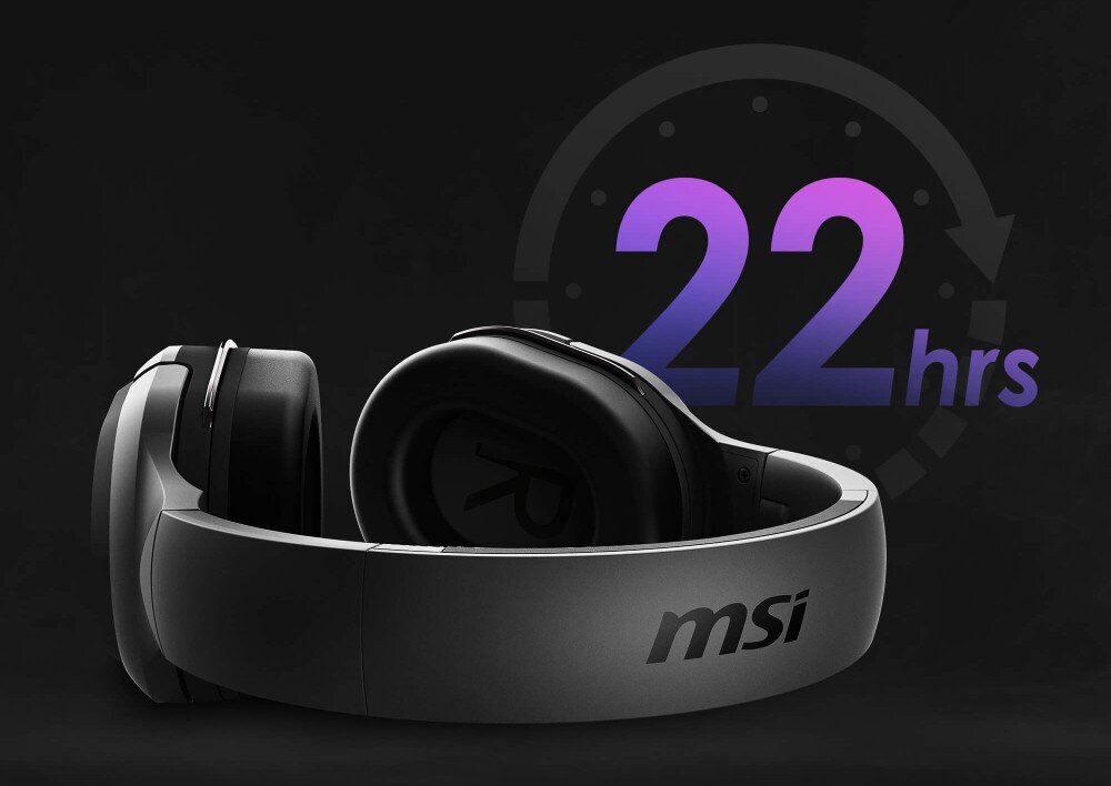 Na obrazie widoczne są nauszne słuchawki z logo \'msi\' na pałąku. W tle znajduje się napis \'22 hrs\' w kolorze fioletowym.