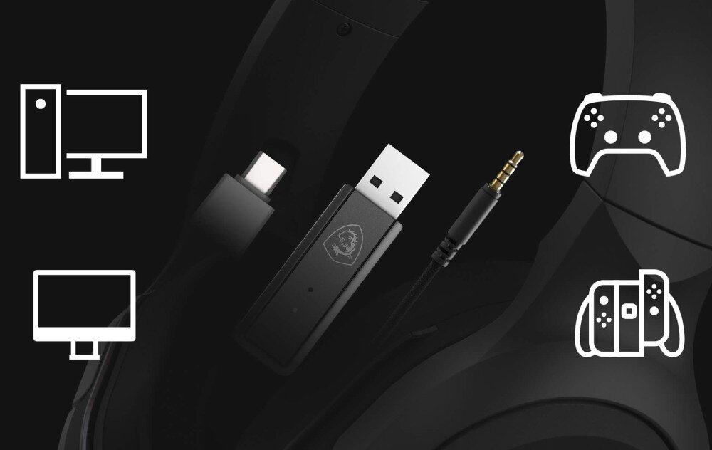 Obraz przedstawia zestaw słuchawkowy z widocznymi złączami USB i mini-jack oraz ikonami symbolizującymi kompatybilność z komputerem, monitorem, kontrolerem do gier i konsolą. Na złączu USB widoczne jest logo producenta.