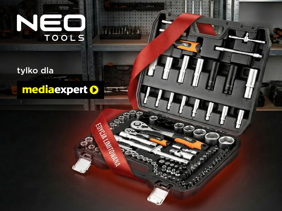 Zestaw kluczy nasadowych NEO TOOLS 10-215 (115 elementów) - edycja limitowana, akcesoria, naprawa, montaż, uniwersalność, Walizka Neo Tools na wózku w serwisie samochodowym