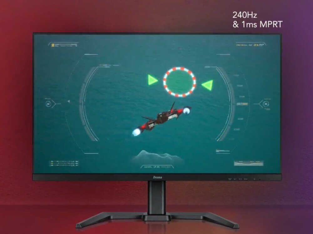 Monitor IIYAMA Gold Phoenix GB3290QSU-B1 Widok z przodu na monitor wyświetlający grę ze statkiem kosmicznym i interfejsem celowania oraz napisem '240Hz & 1ms MPRT'